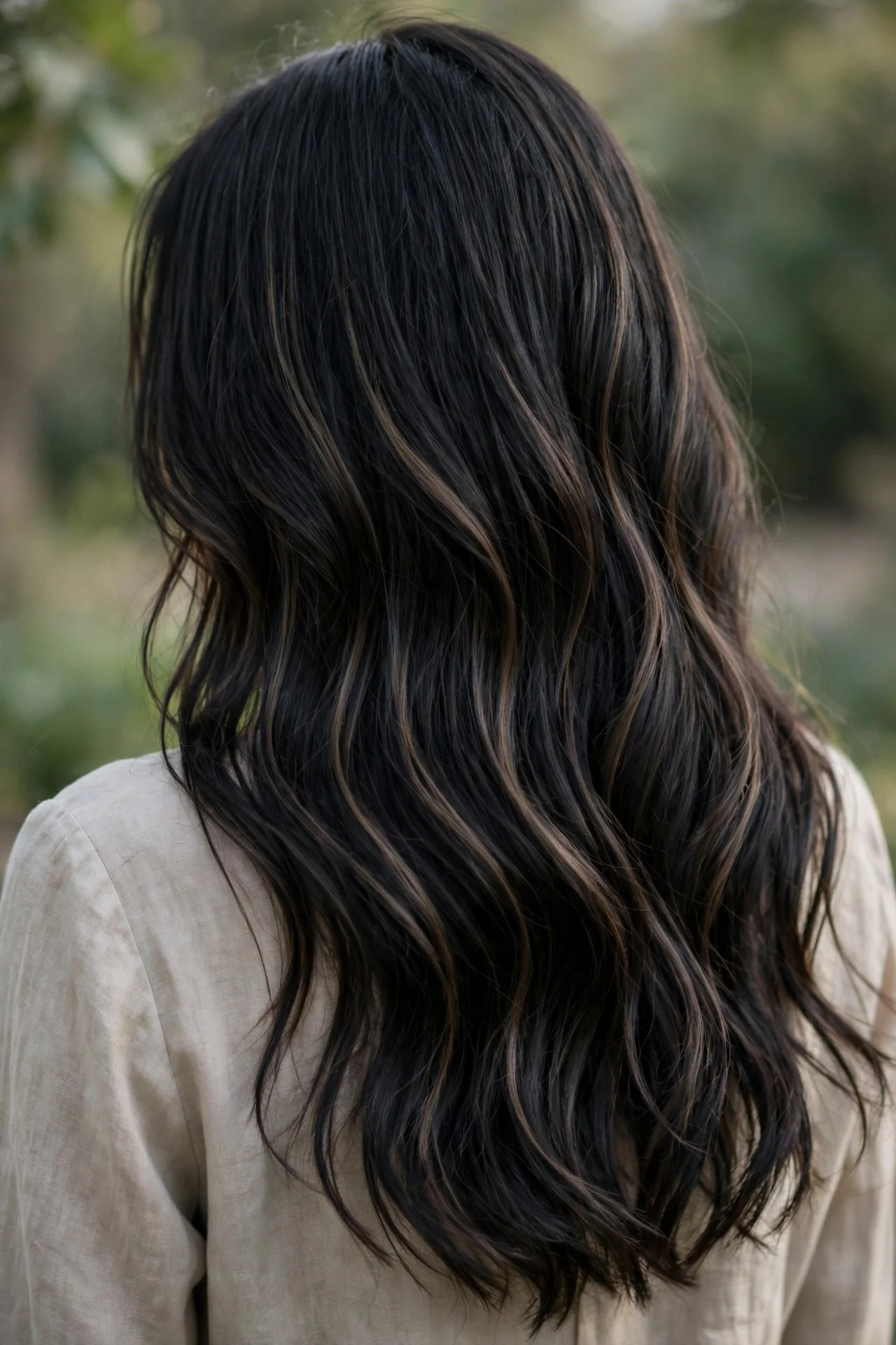 Subtle Mocha Ribbons on Black Hair hair