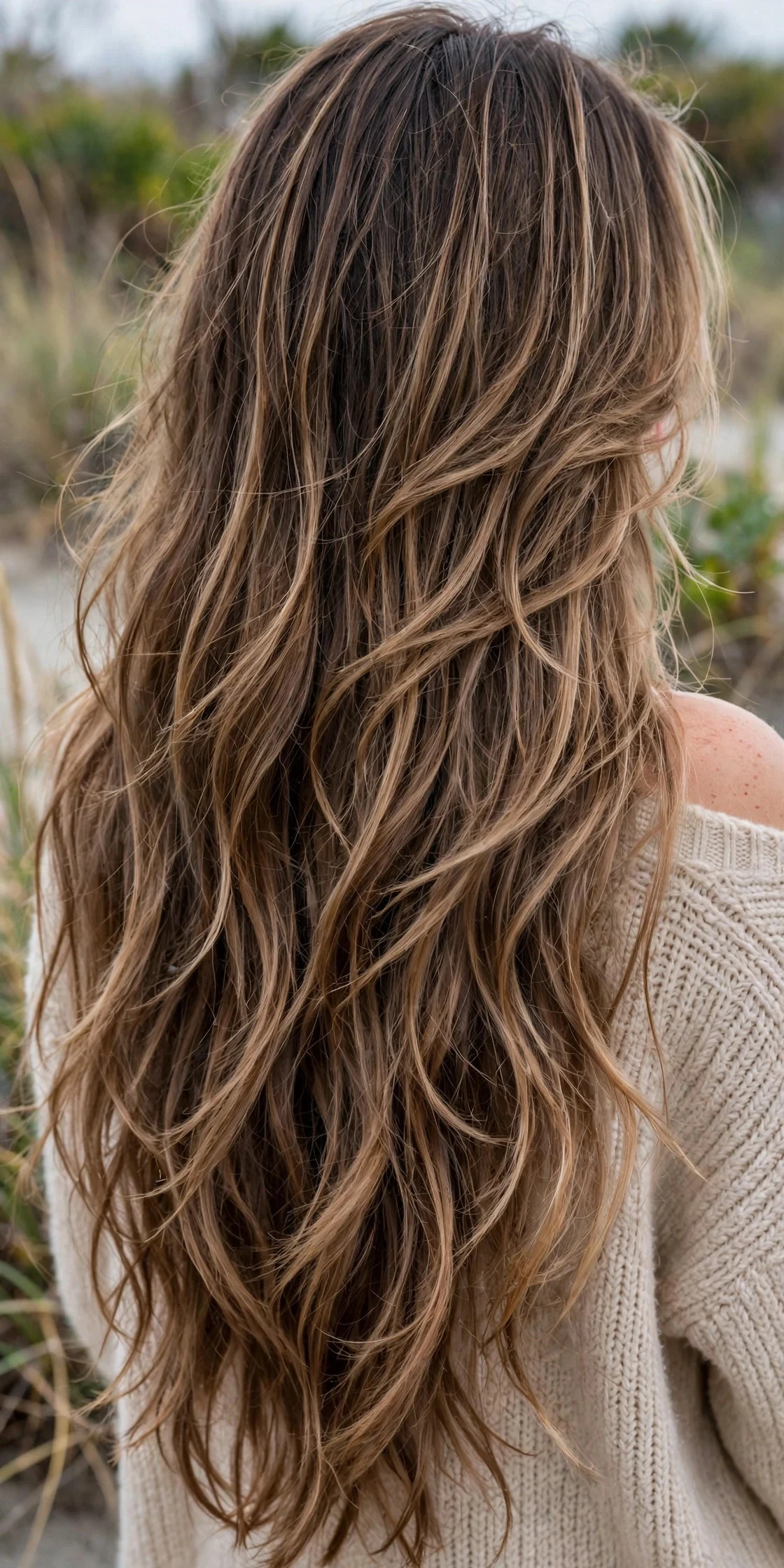 Lived-In Mocha Balayage on Long Layers hair