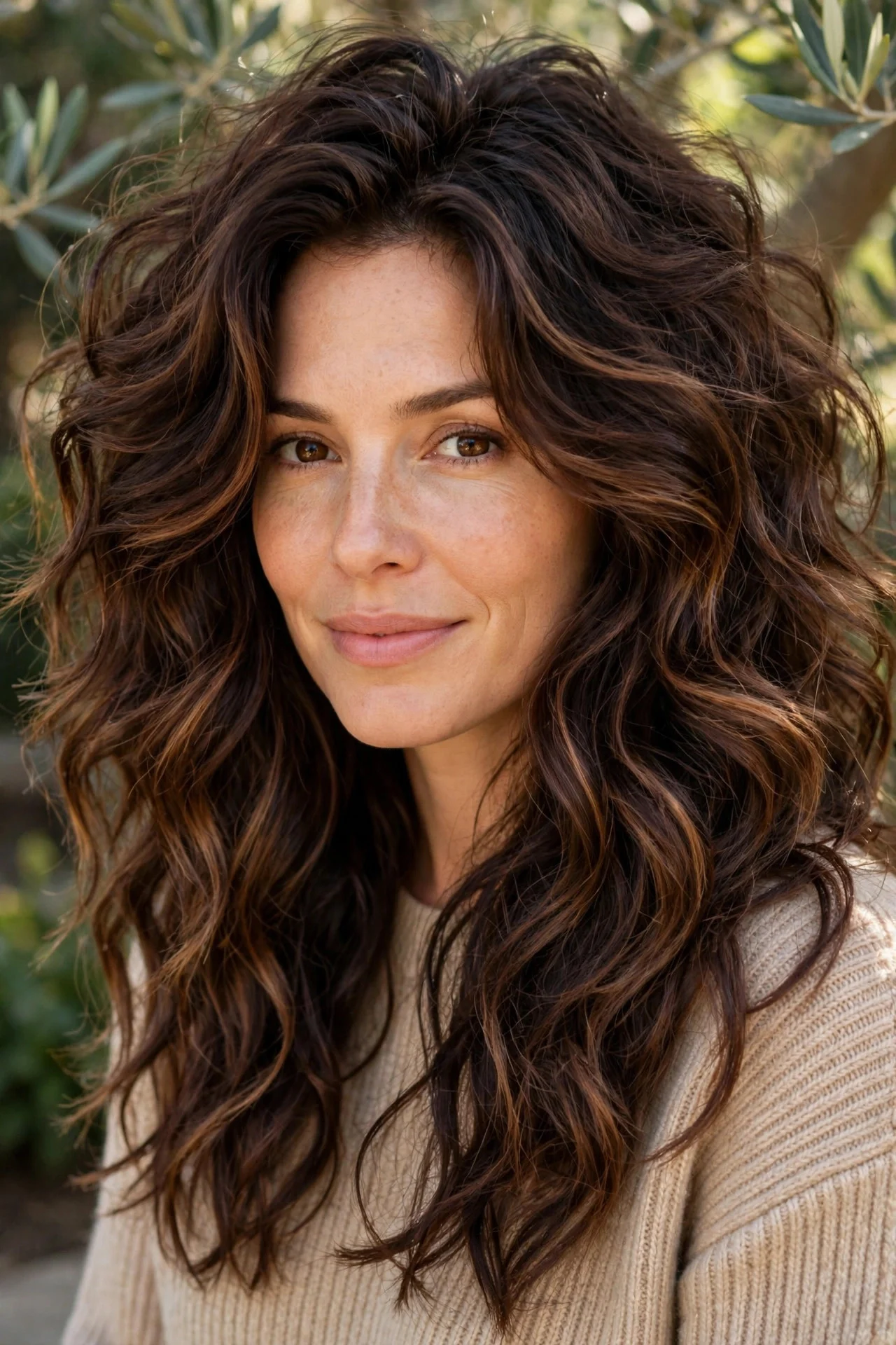 Rich Chocolate Balayage on Thick Wavy Hair hair