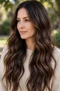 Chocolate mocha balayage on long wavy brunette hair