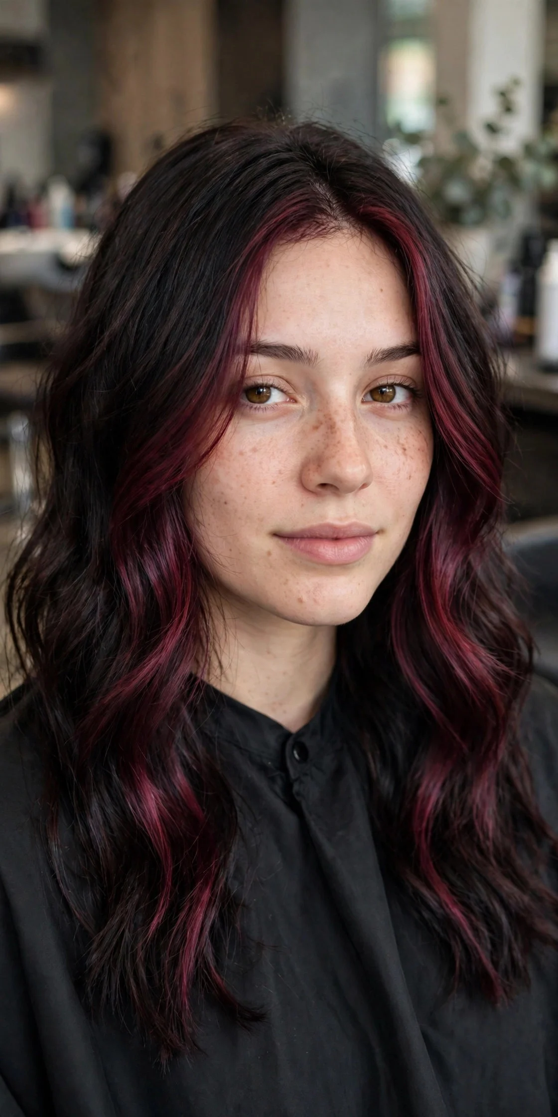 Burgundy-Tinted Face Frame on Dark Hair