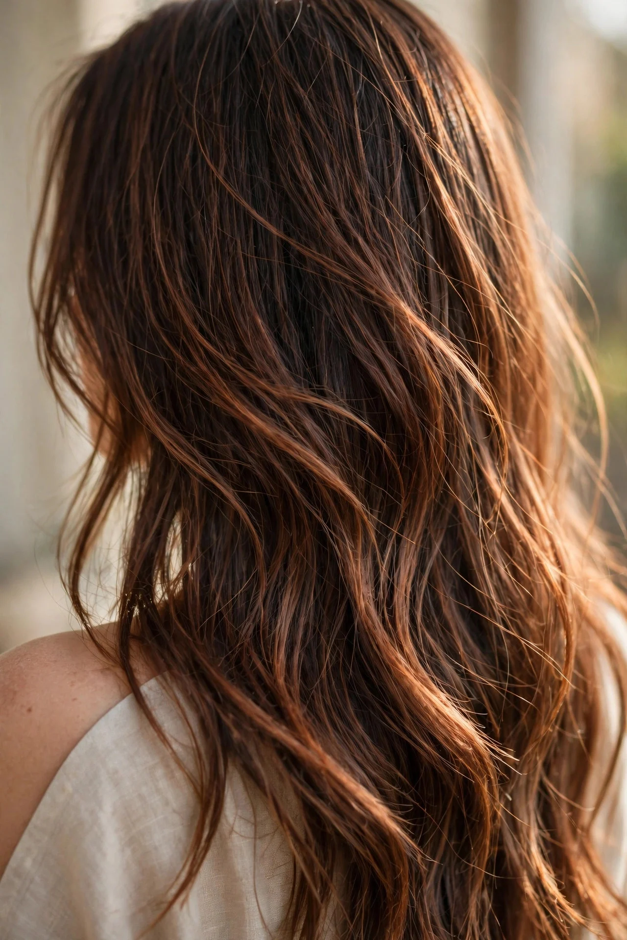 Cinnamon Copper Veils Over Dark Brown - copper balayage idea