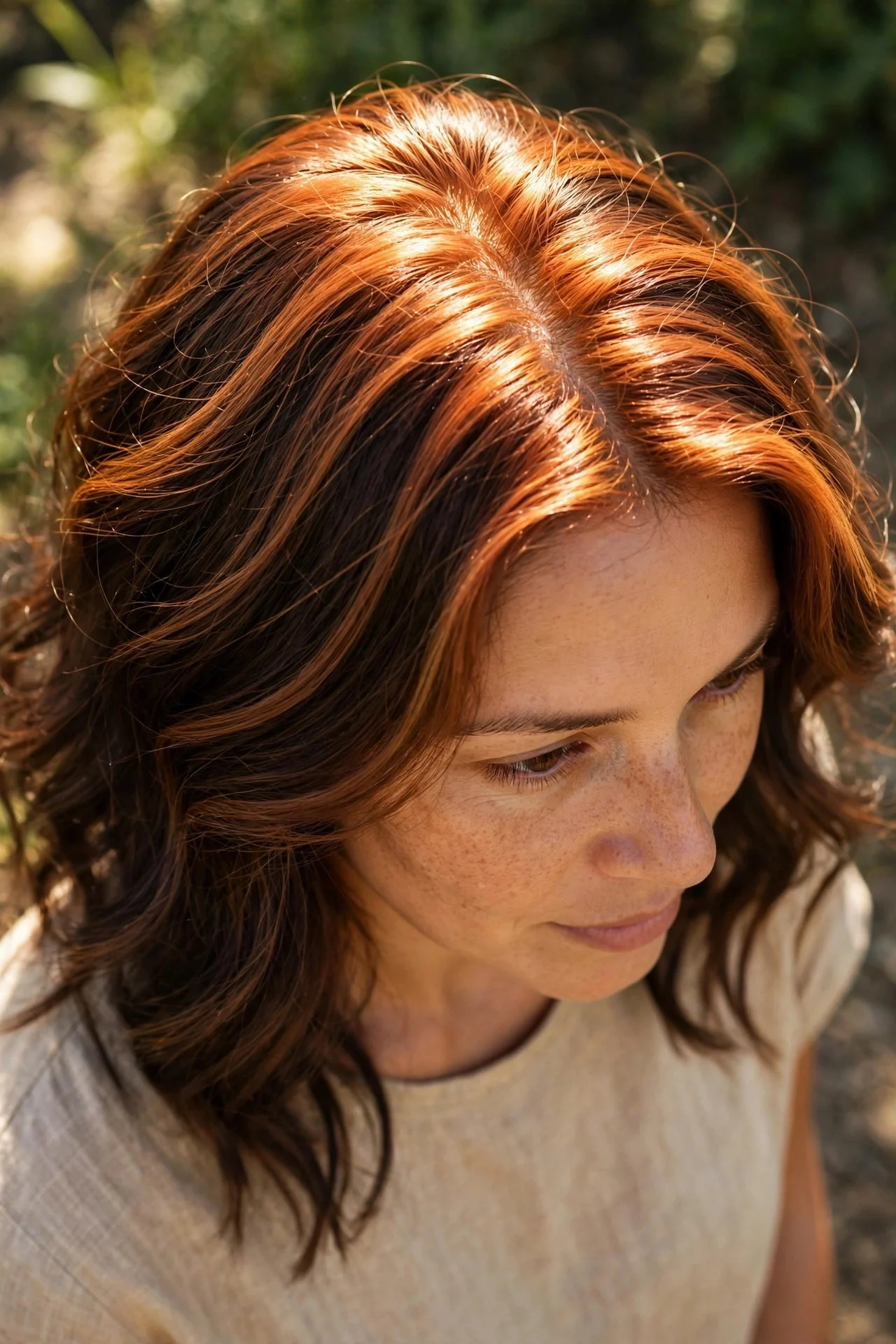 Golden Hour Copper Halos on Medium Brown - copper balayage idea
