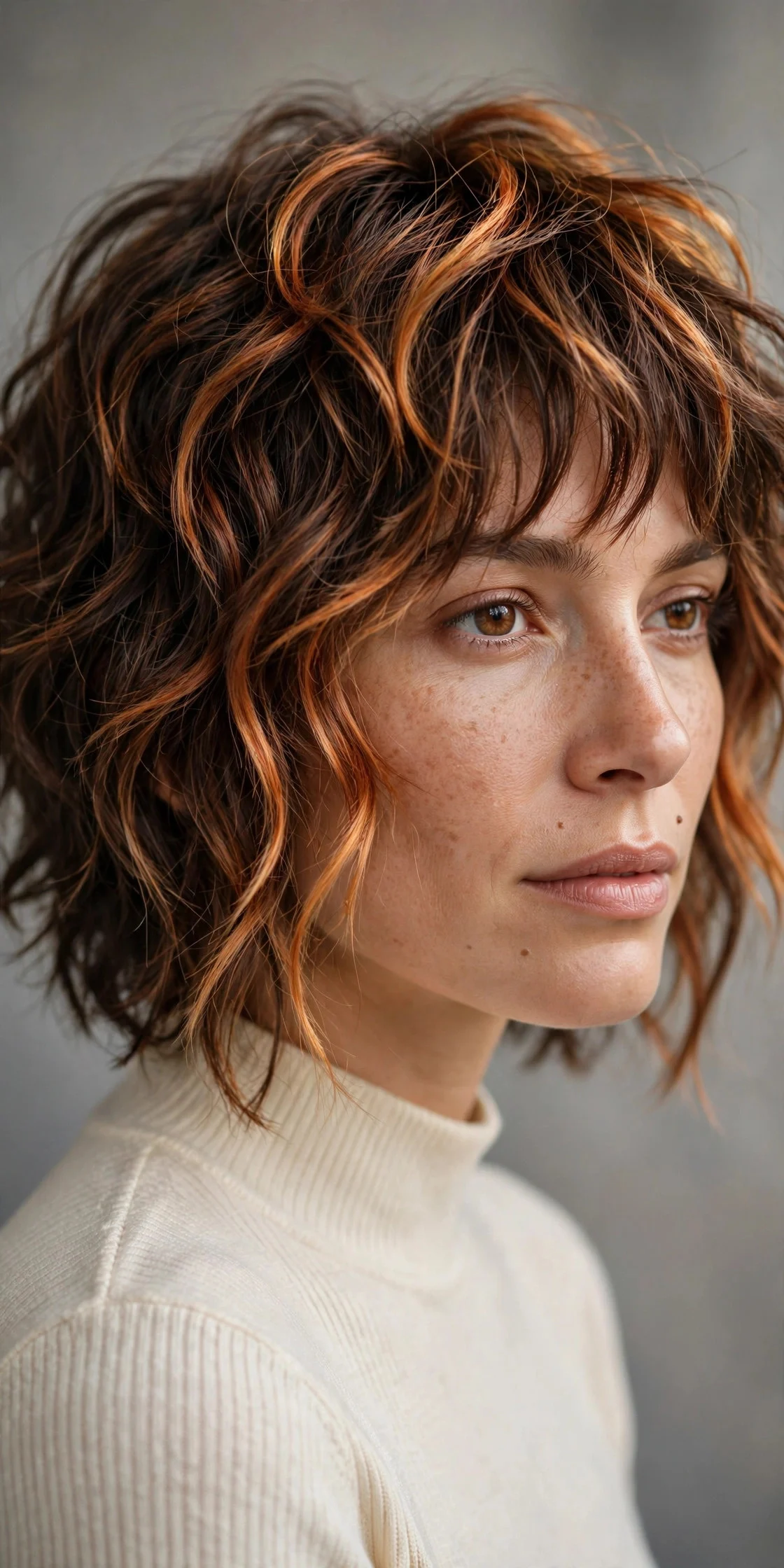 Copper Contour on a Layered Shag - copper balayage idea