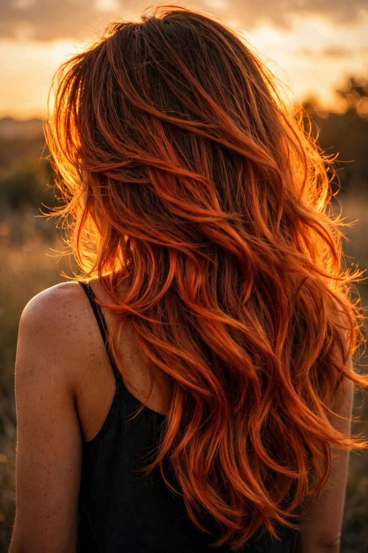 Sunset Copper Sweep on Long Layers - copper balayage idea