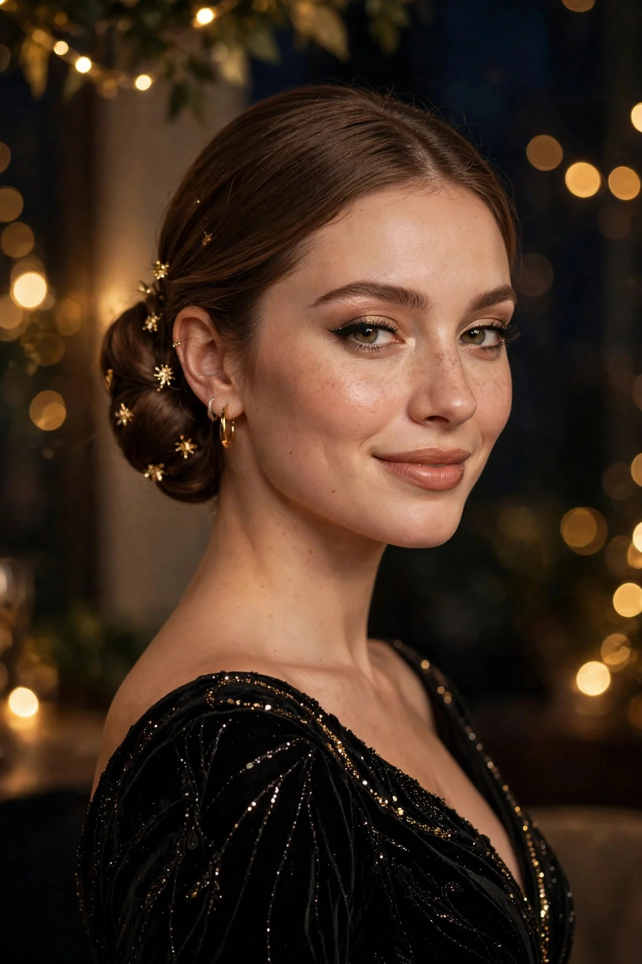 Low Chignon with Gold Pins