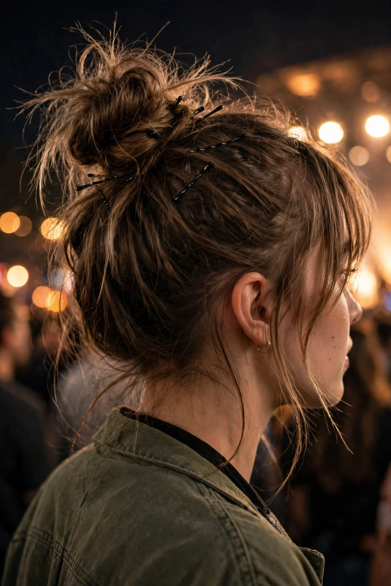 11. Messy Top Knot with Curtain Bangs