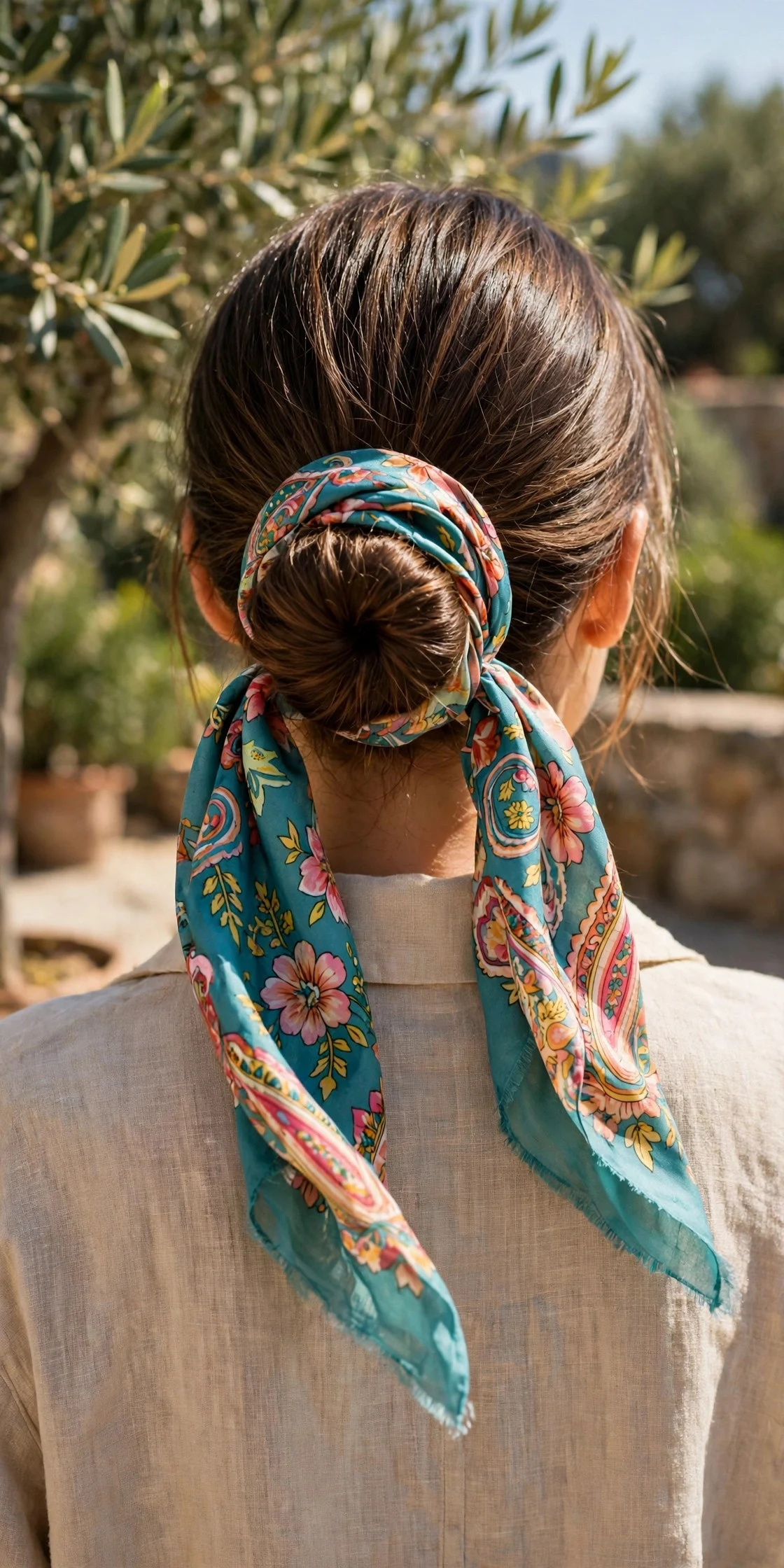 9. A Silk Scarf Wrapped Around a Bun or Ponytail