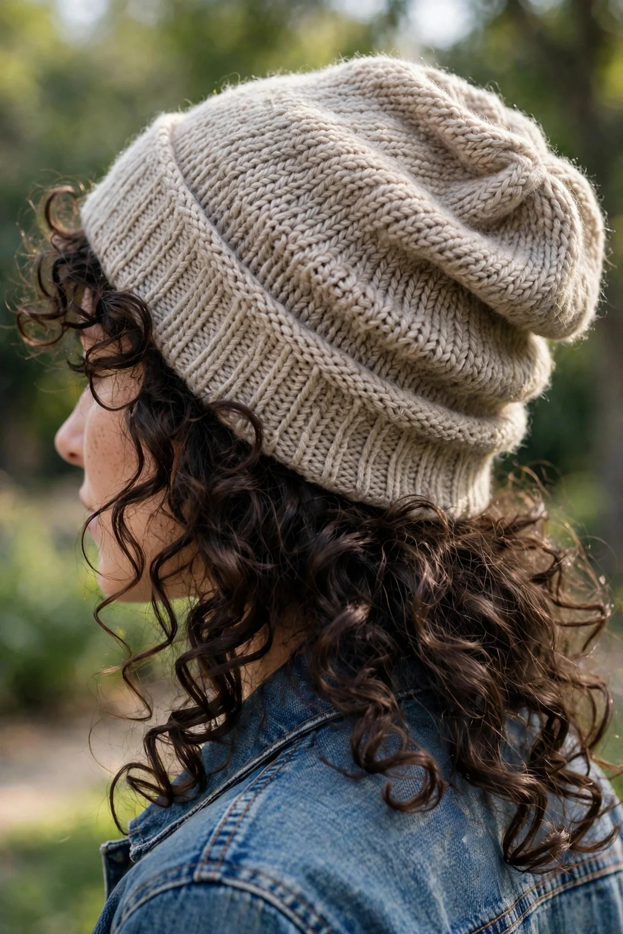 8. Defined Curls Worn Loose Under a Slouchy Beanie