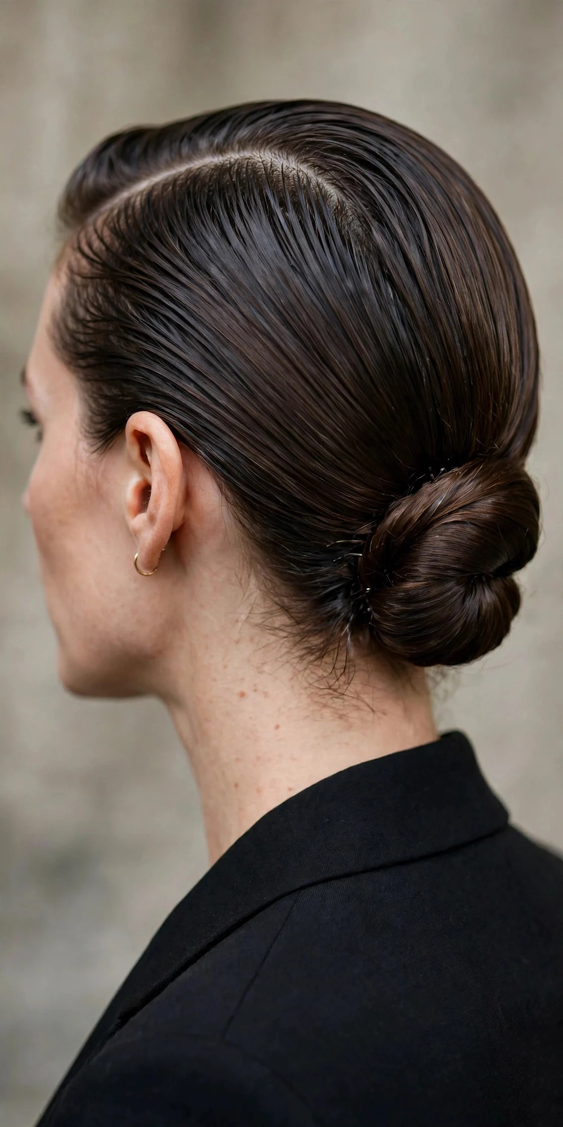 5. Slicked Side Part With a Low Chignon
