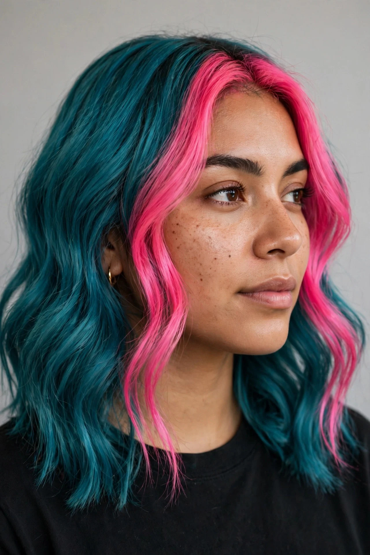 Pink Money Piece on a Teal Base hair