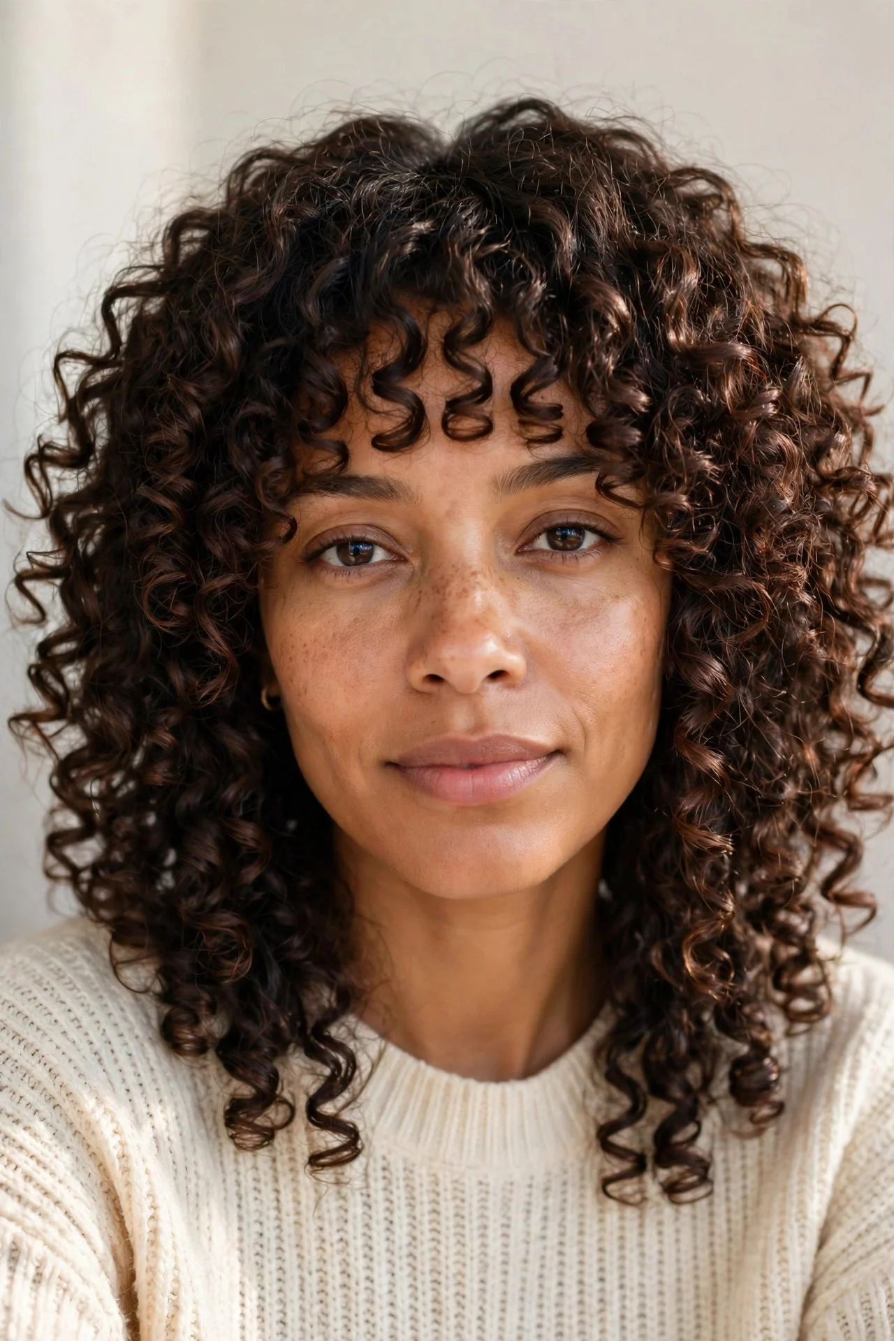 7. Curly Bangs and Face-Framing Layers