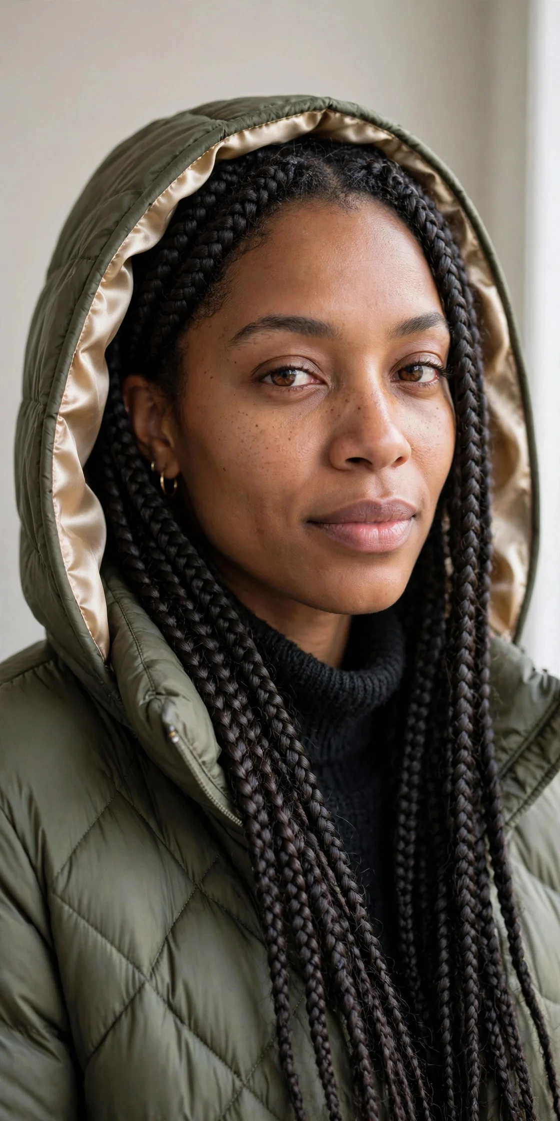1. Classic Box Braids with a Silk-Lined Hood