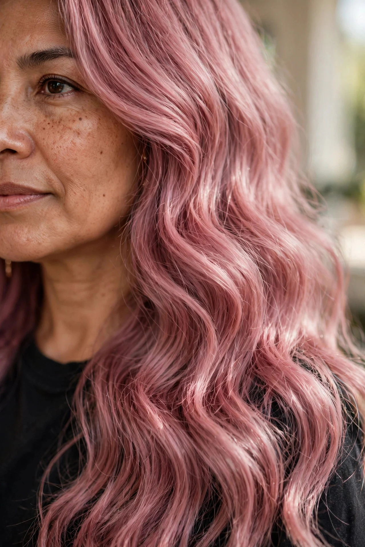 Dusty Rose on Long Waves hair