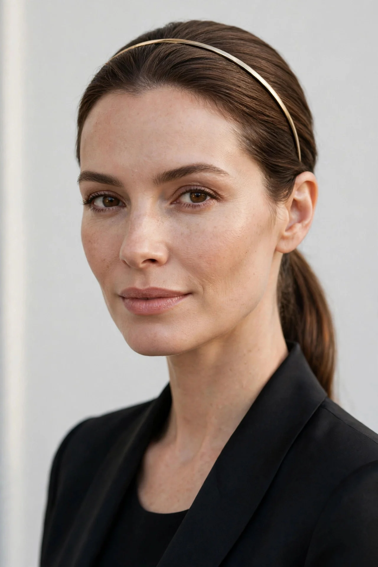 2. Sleek Low Ponytail with a Thin Metal Band