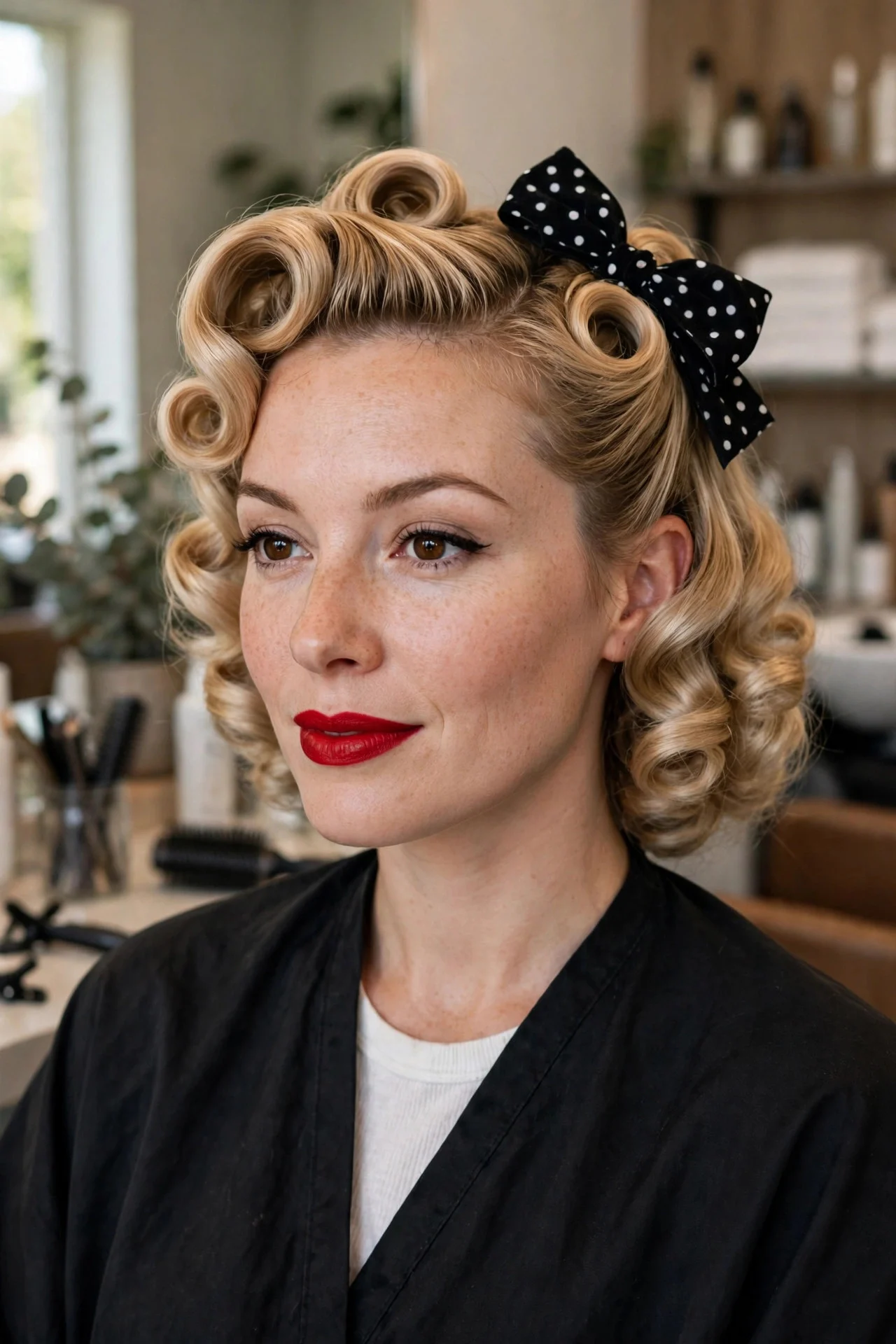 9. Vintage Pin-Up Bow with Curls