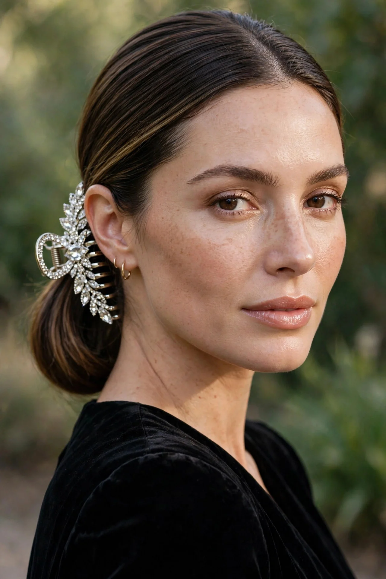 7. Sleek Low Ponytail With a Jeweled Clip