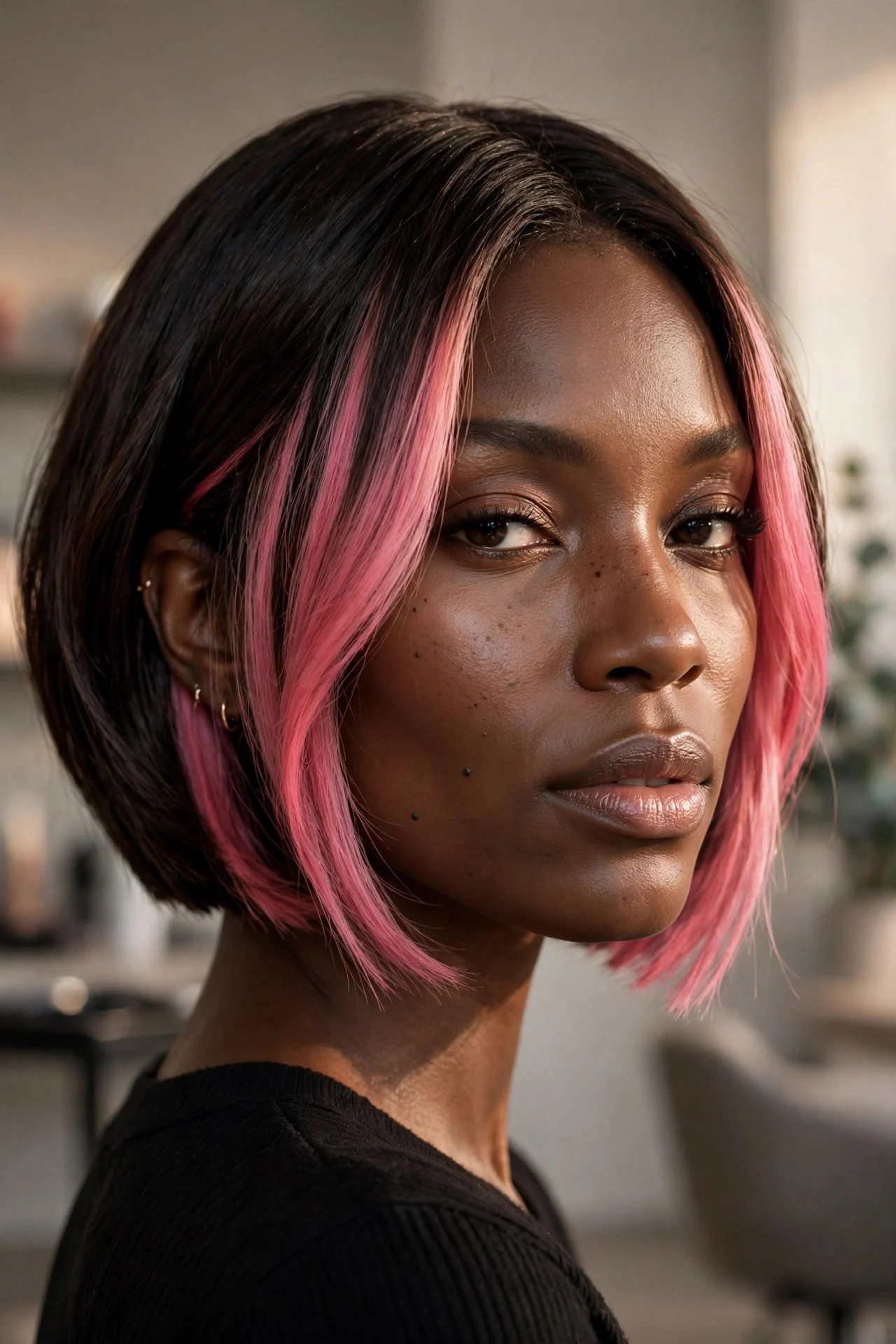 Pink Money Piece on a Dark Bob hair