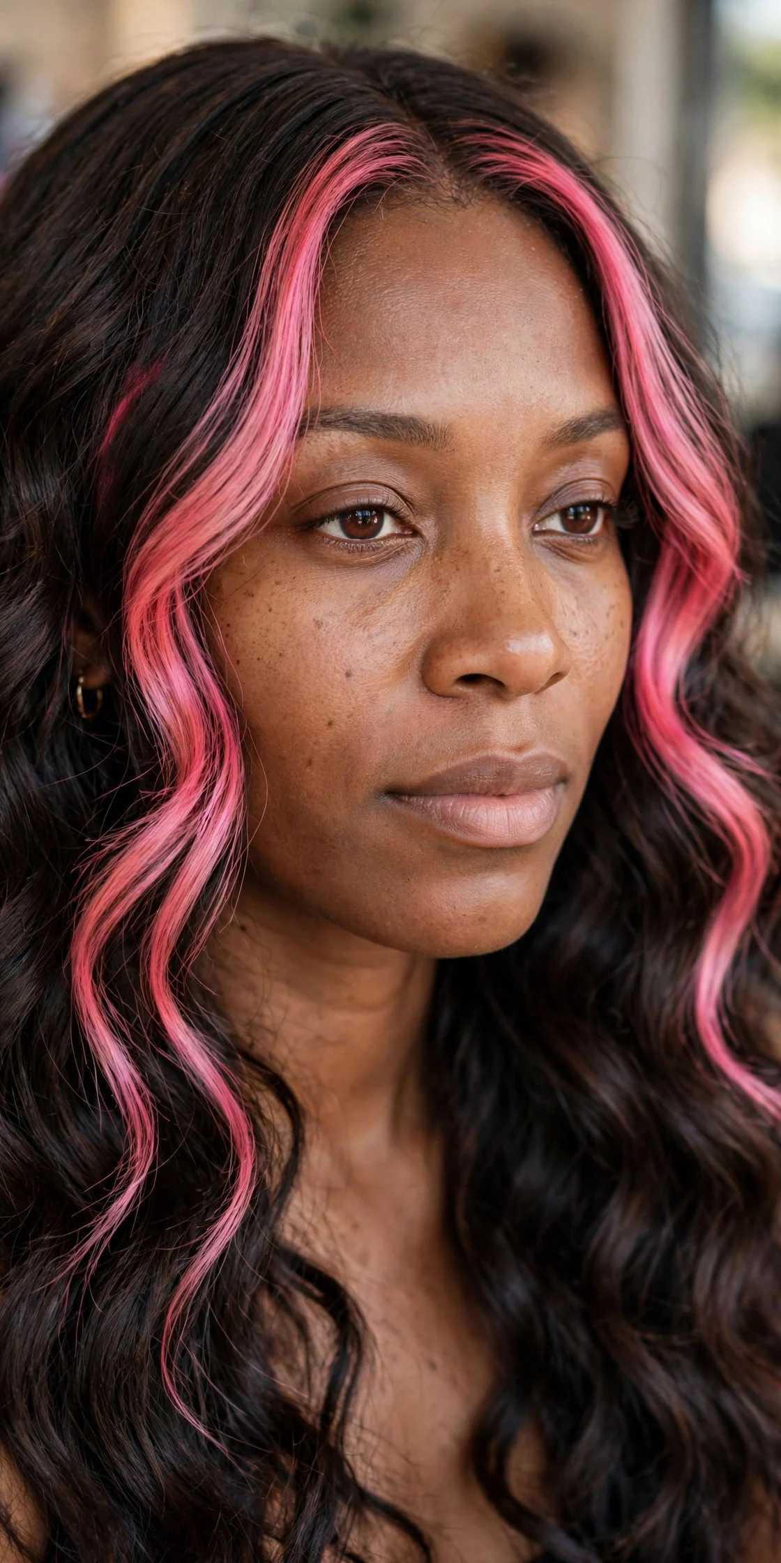 Pink Money Piece on Long Brunette Waves hair