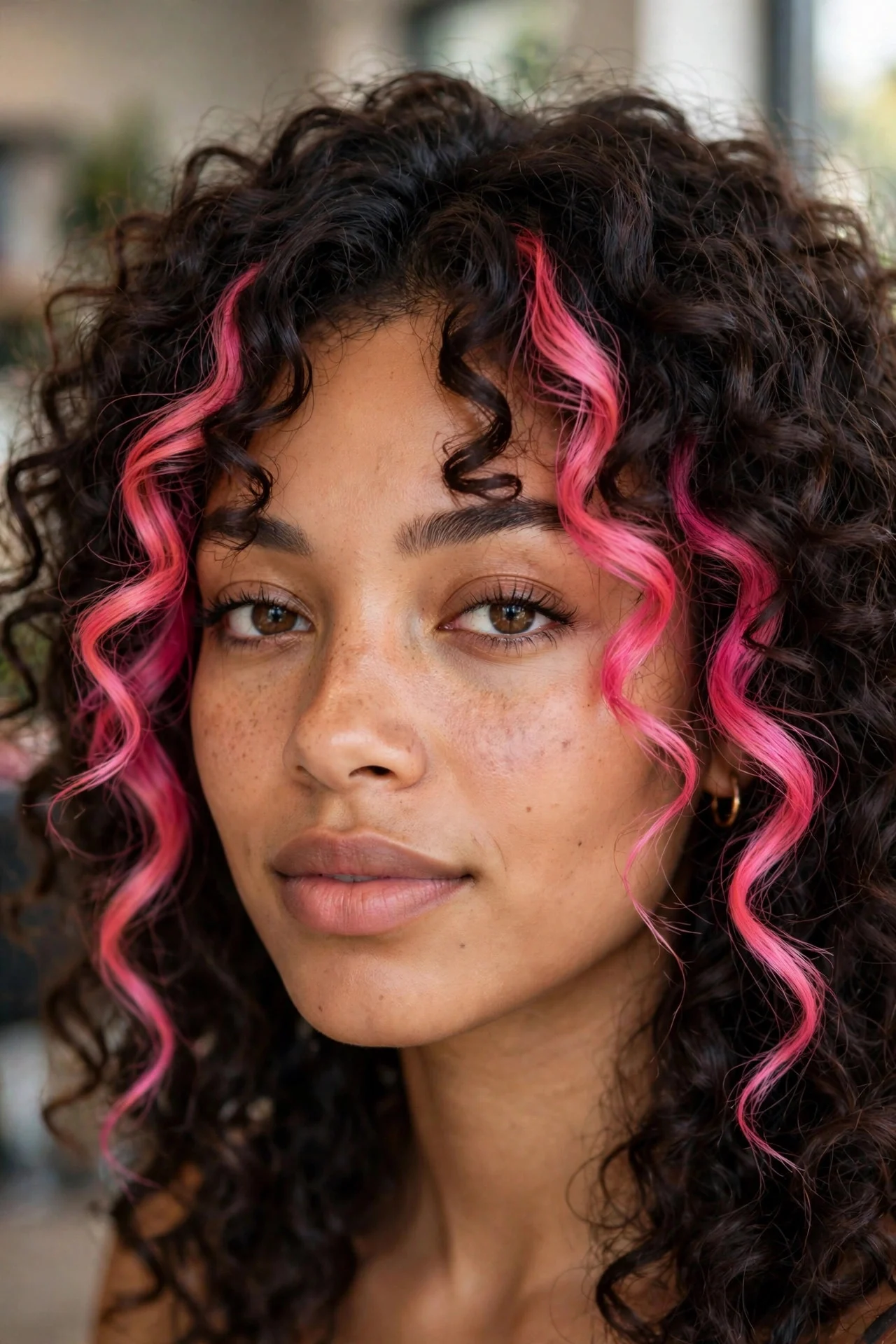 Pink Money Piece on Curly Brunette Hair hair