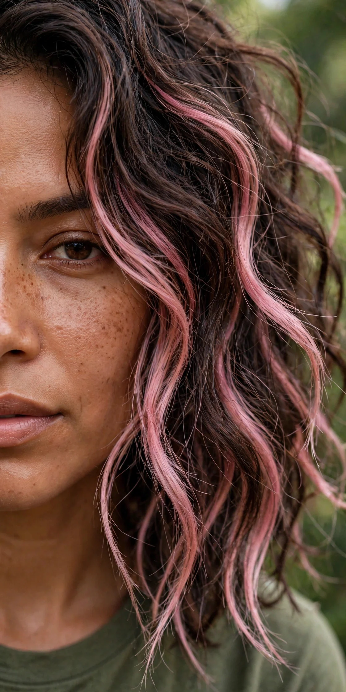 Pink Money Piece With a Lived-In Brunette Base hair