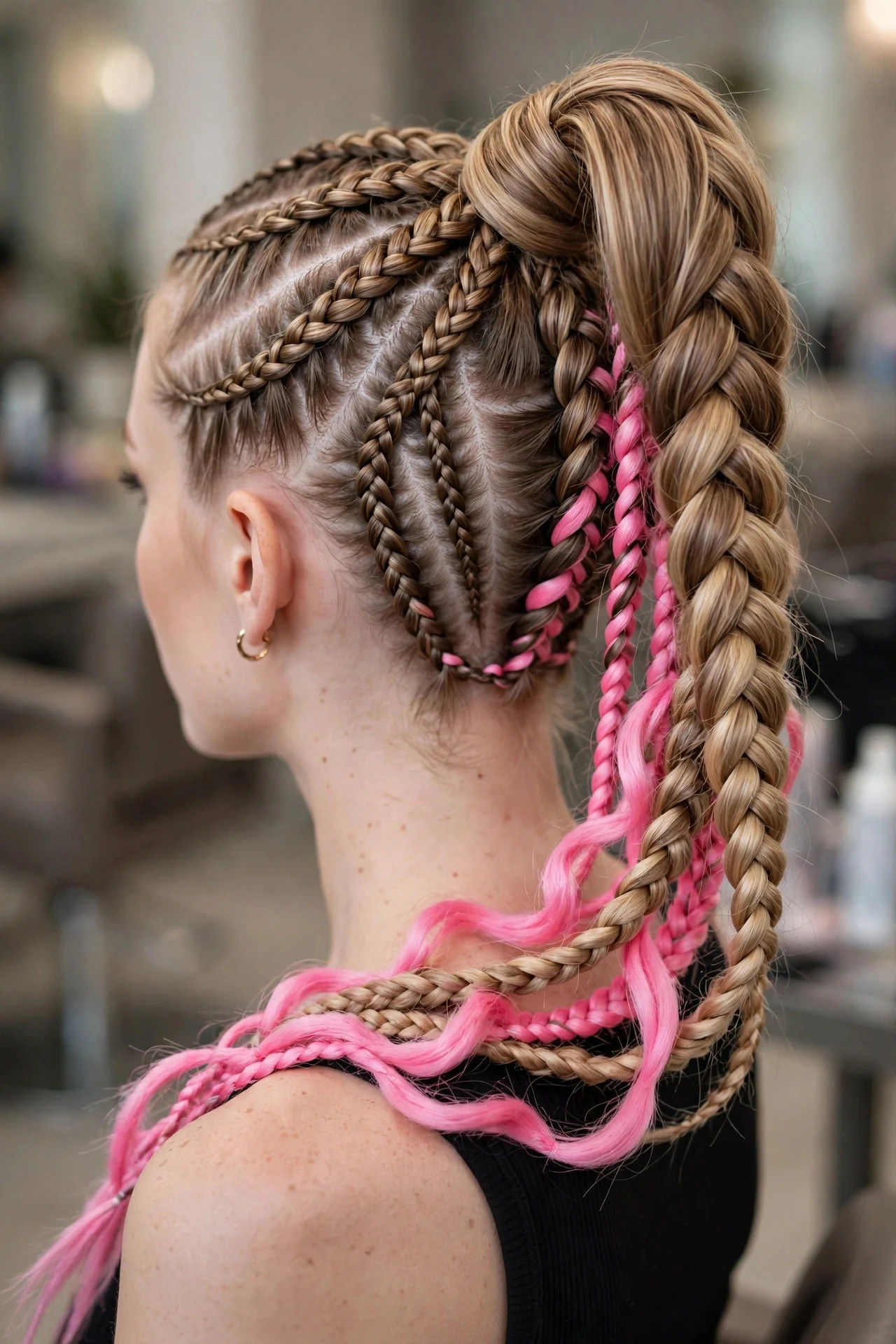 Pink Peekaboo in a Braided Ponytail hair