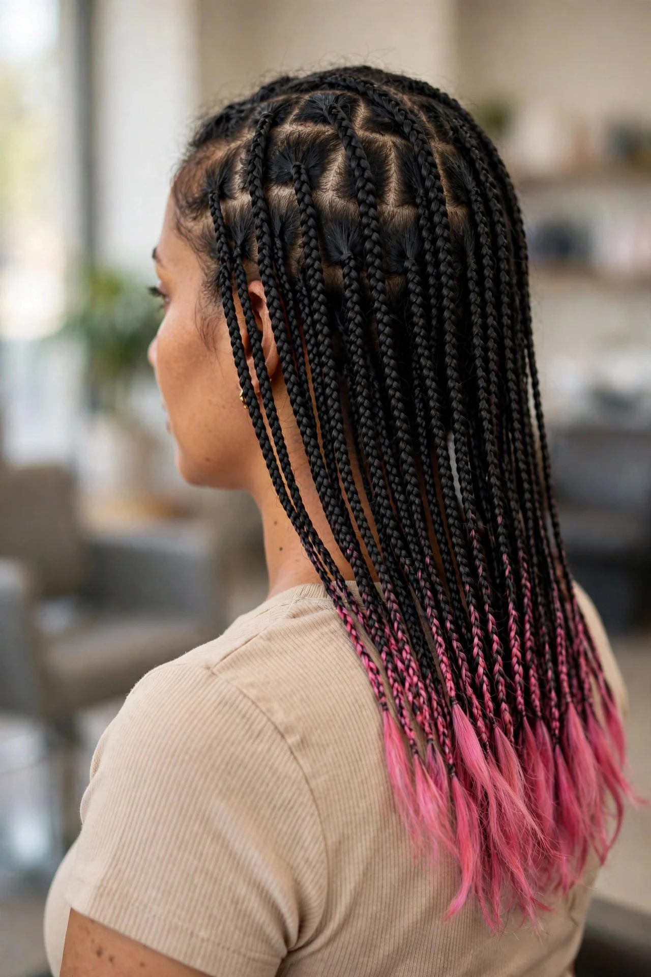 Black Braids With Pink-Dipped Ends hair