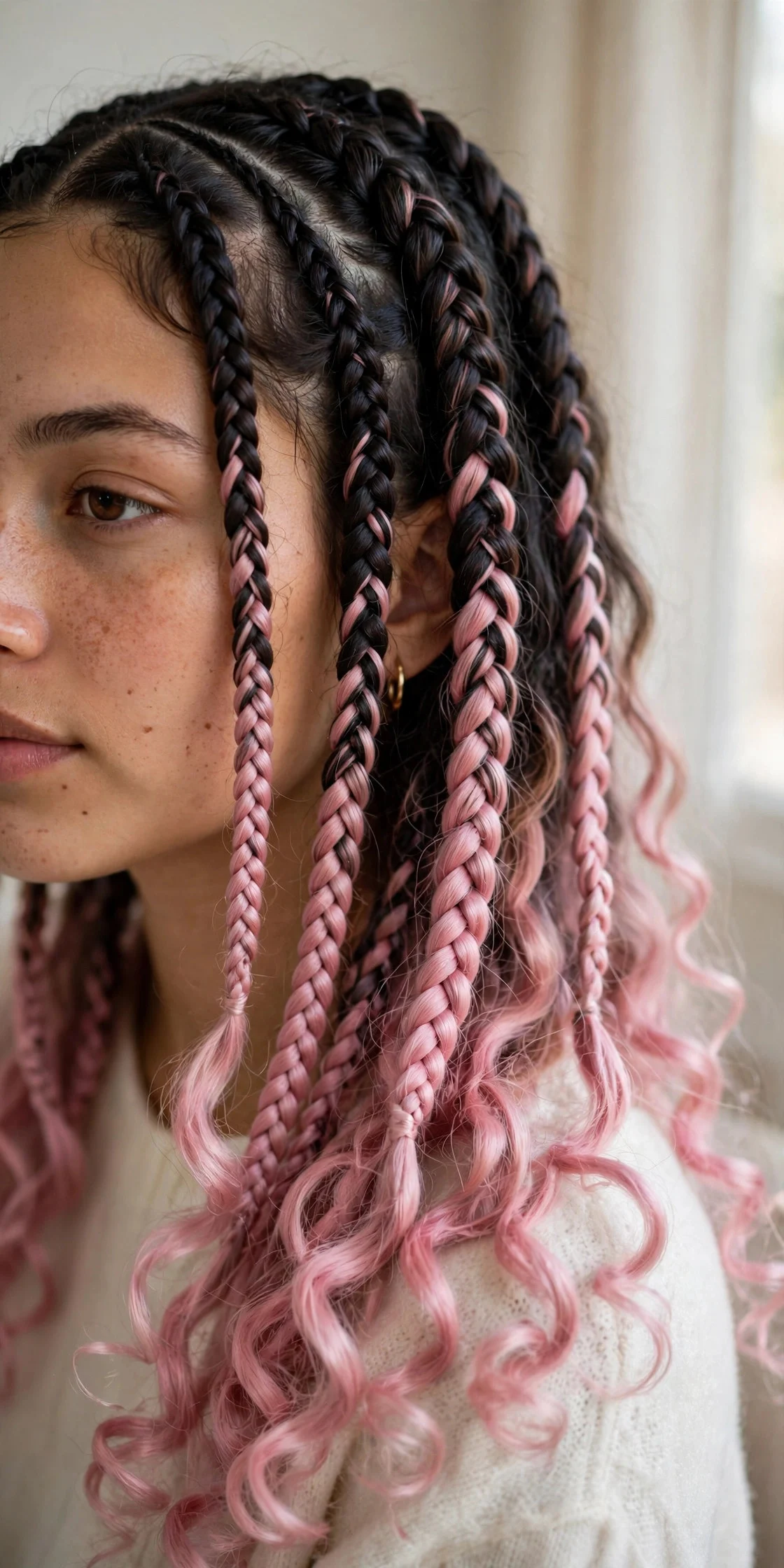 Black-to-Pink Boho Knotless With Curls hair