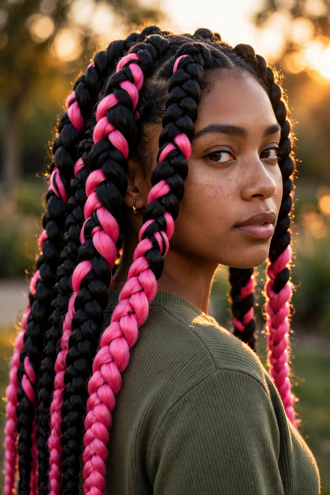 Jumbo Knotless With Pink Highlights hair