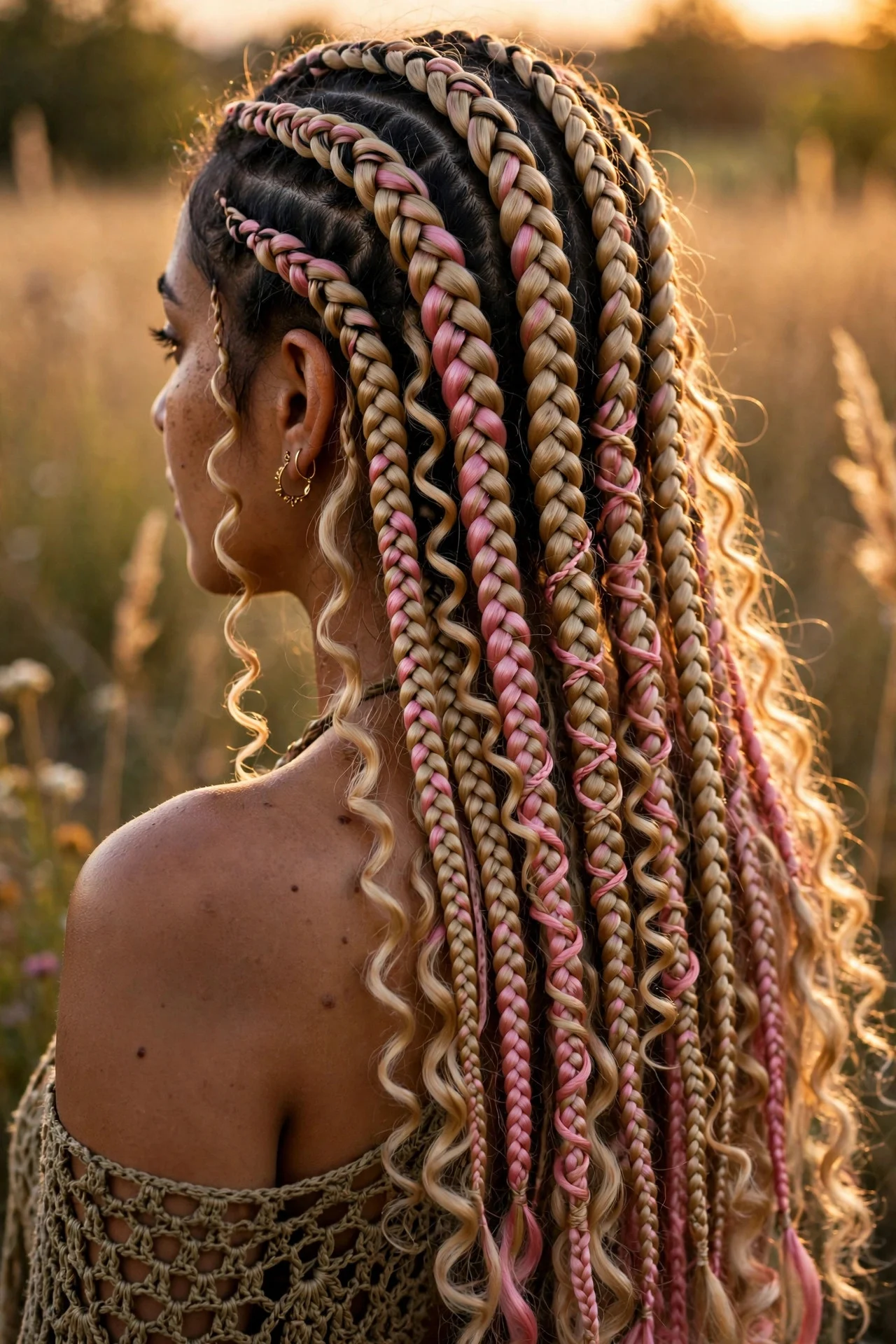 Boho Blonde and Pink Braids with Curls hair