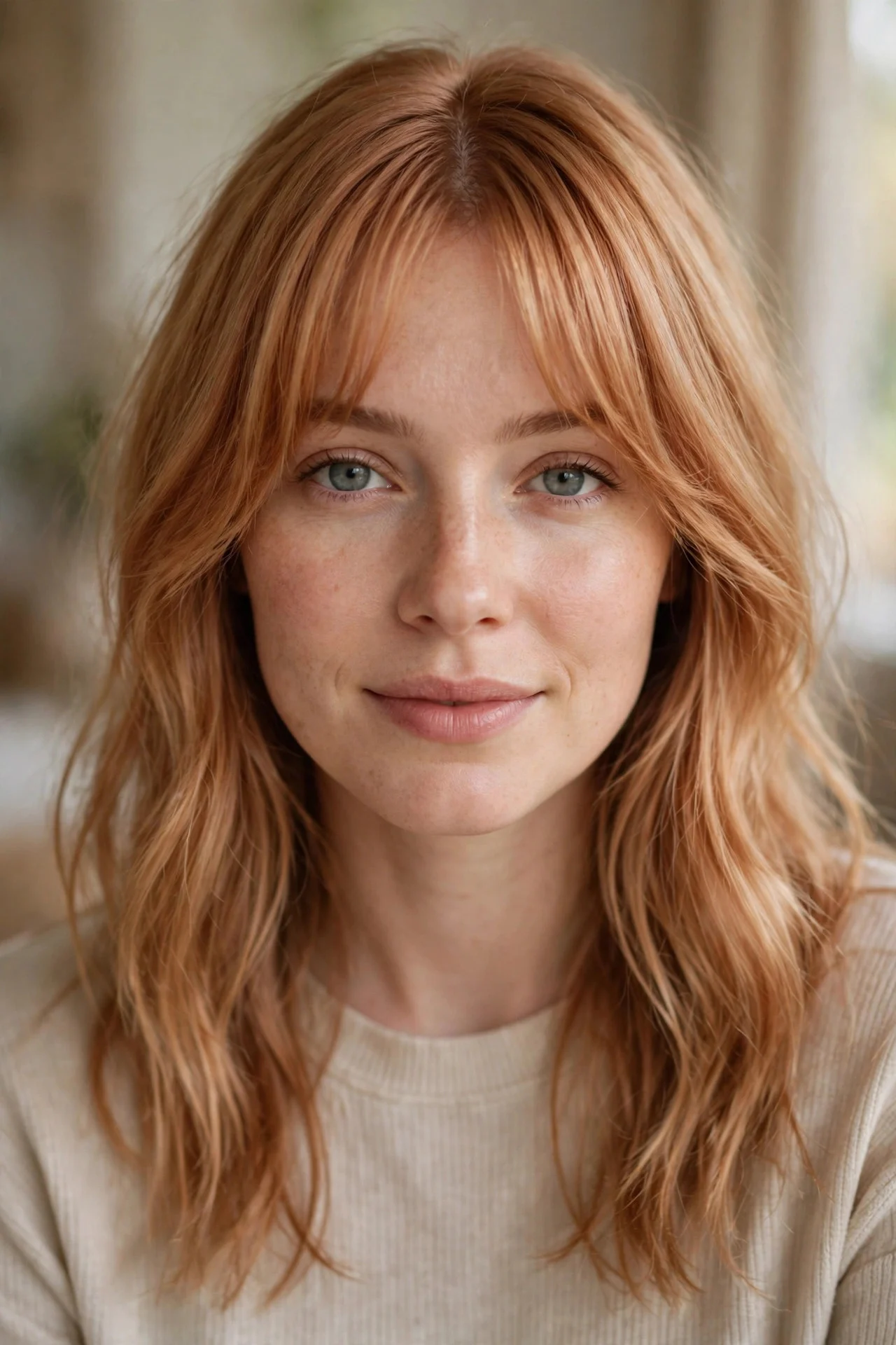 Soft Copper Blonde With Bangs hair