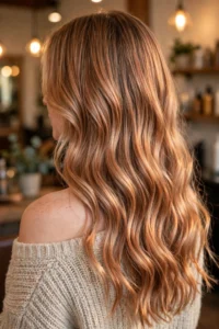 Soft copper blonde balayage on long wavy hair
