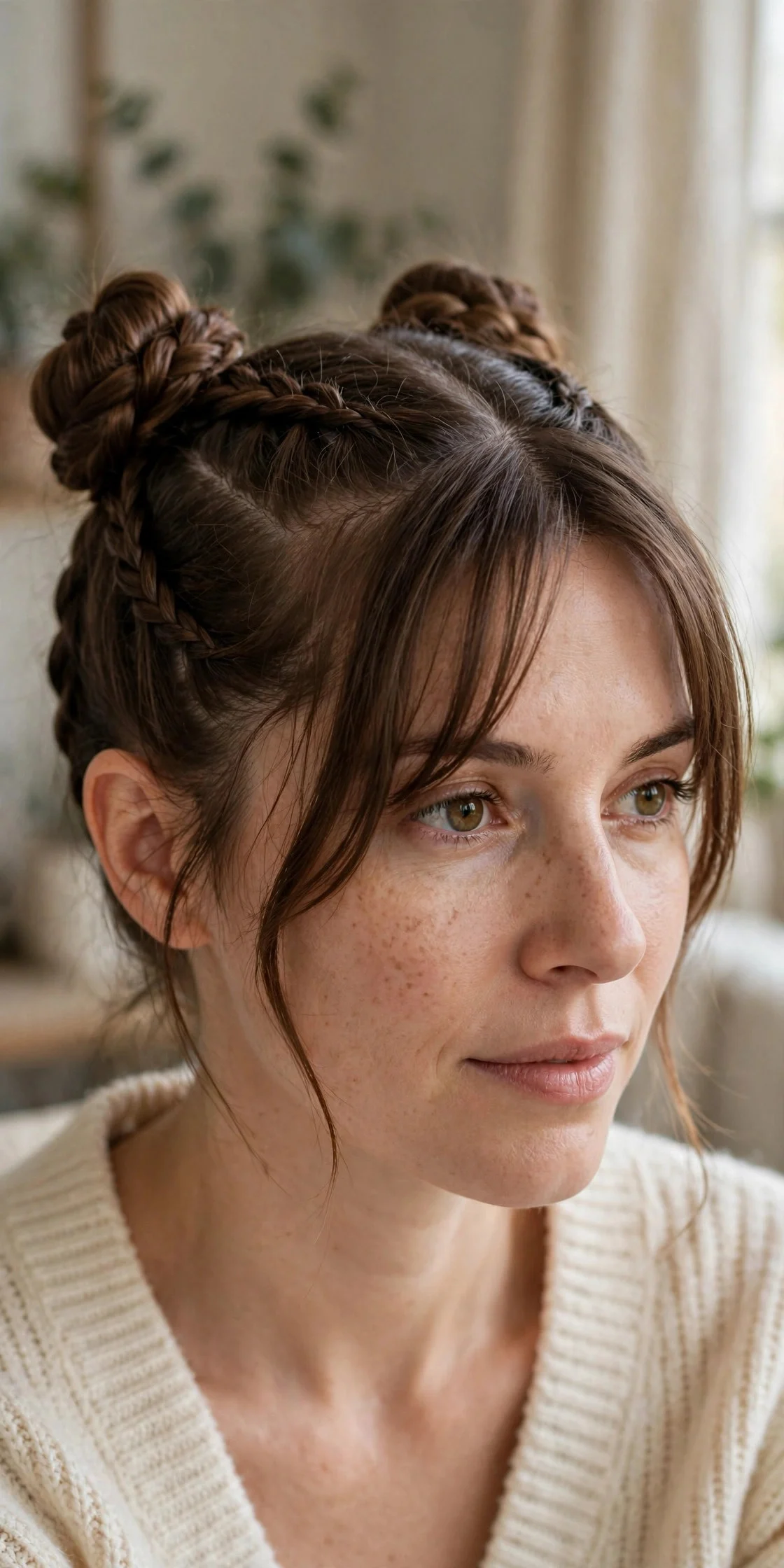 Braided Space Buns with Curtain Bangs