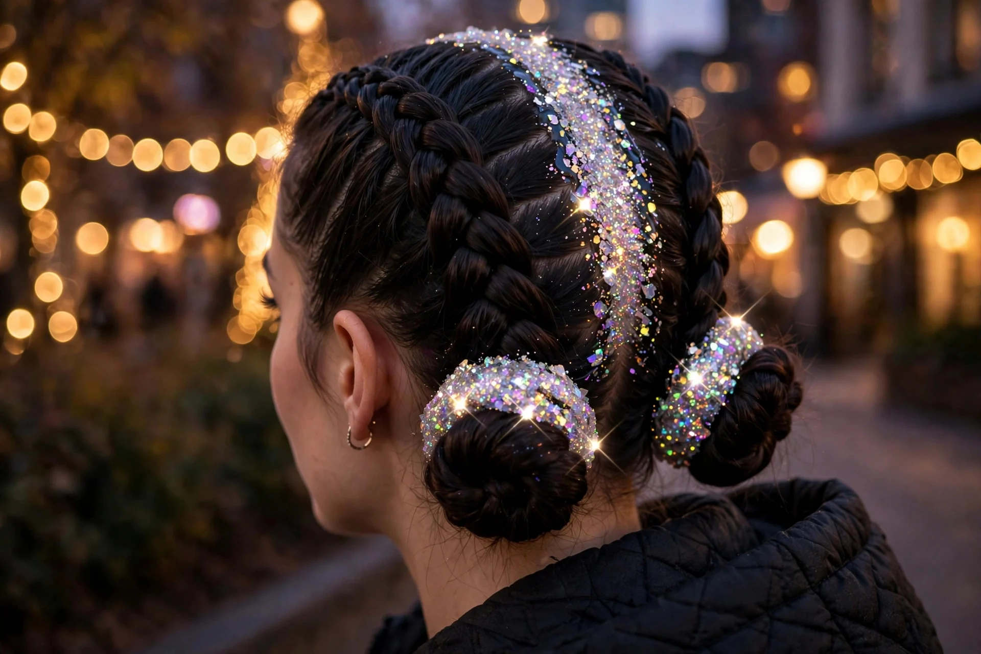 Glitter-Root Braided Space Buns