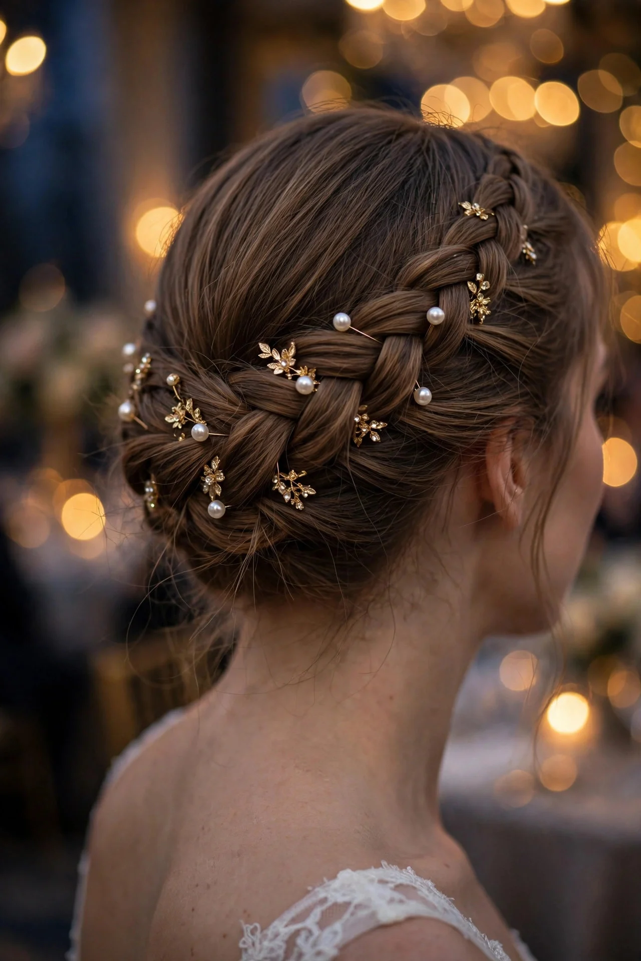 Pearl and Jewel-Pinned Crown Braid