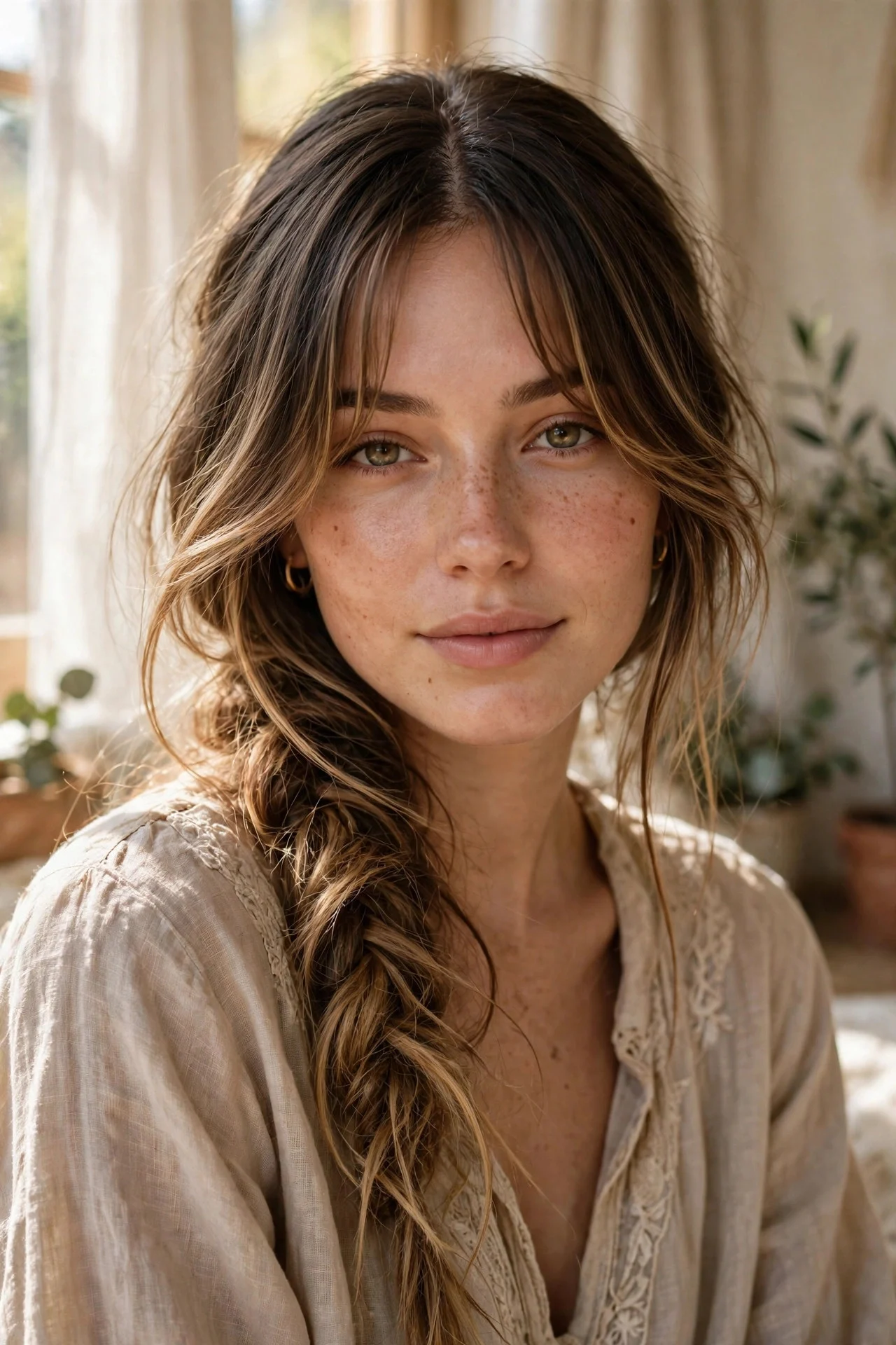 Messy Boho Braid with Curtain Bangs