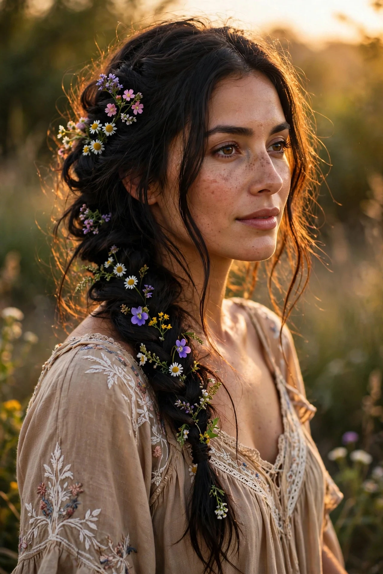 Messy Boho Braid with Floral Accessories