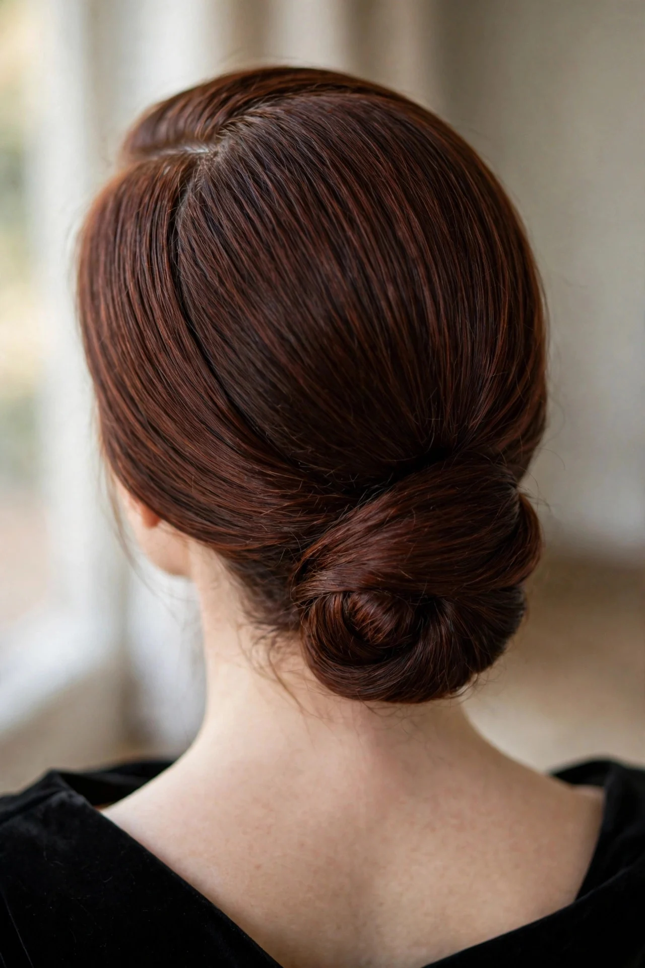 Low Sleek Chignon with Deep Side Part