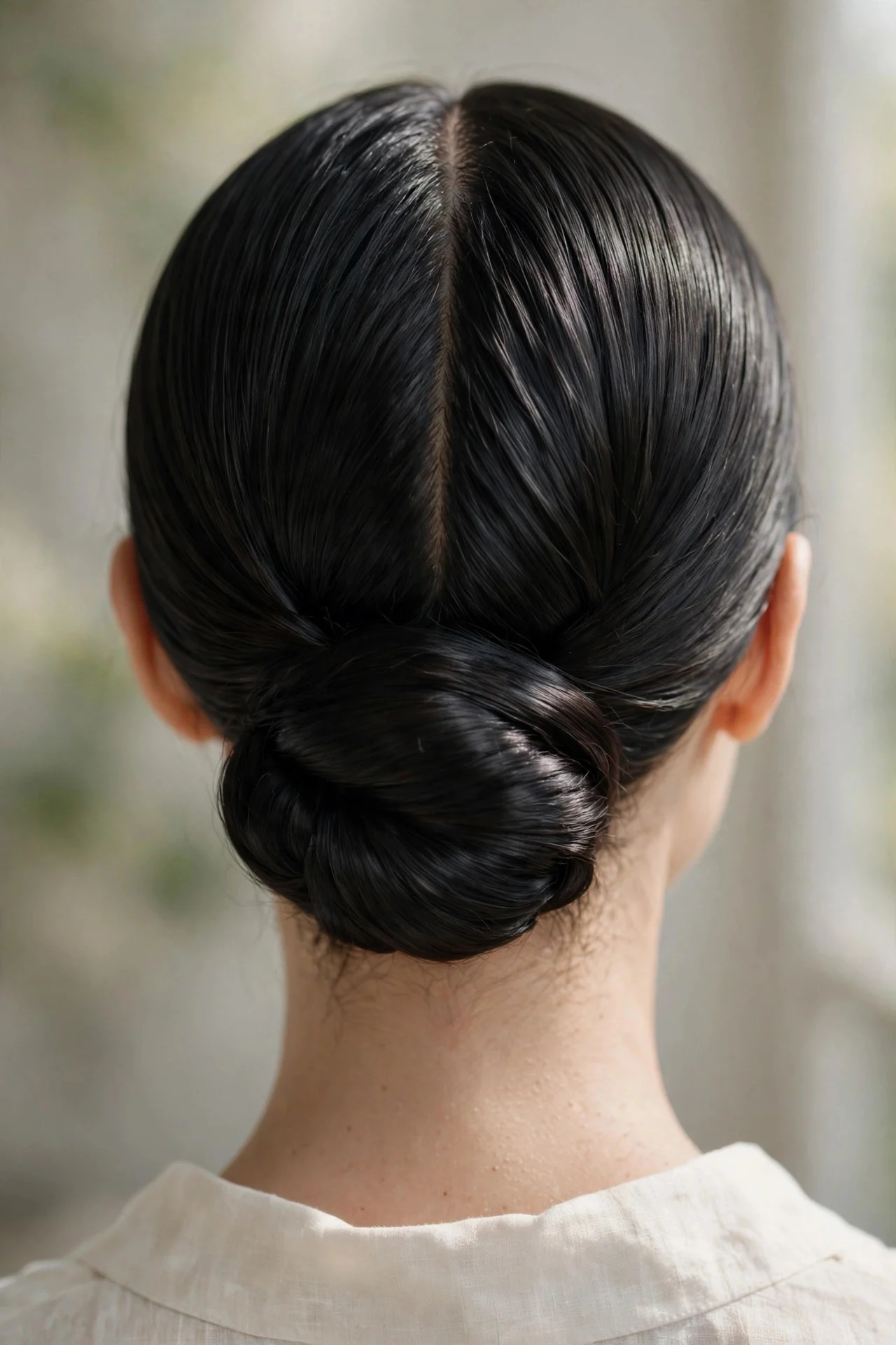 Low Chignon with Middle Part and Polished Finish