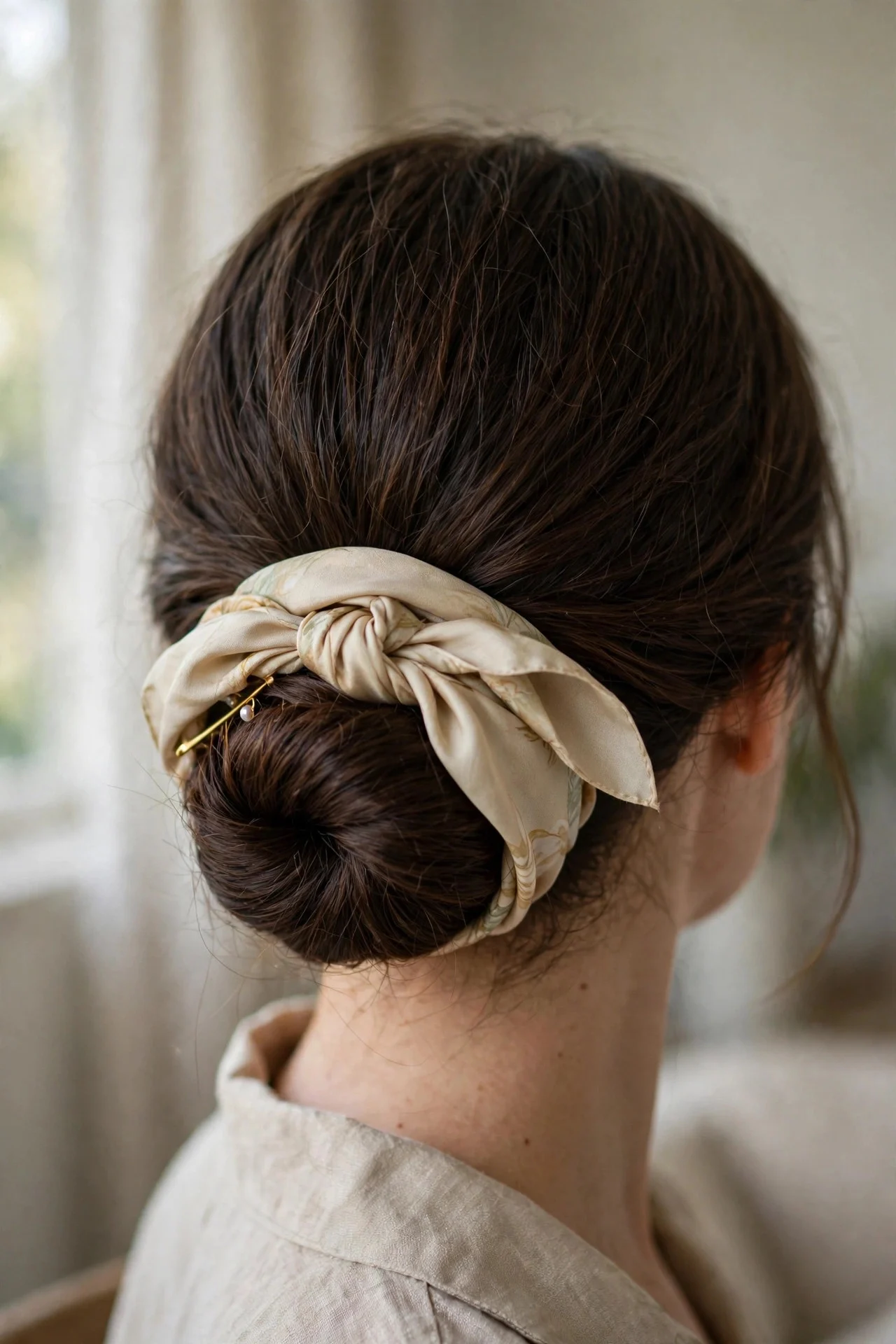 Wrapped Low Chignon with Scarf or Ribbon