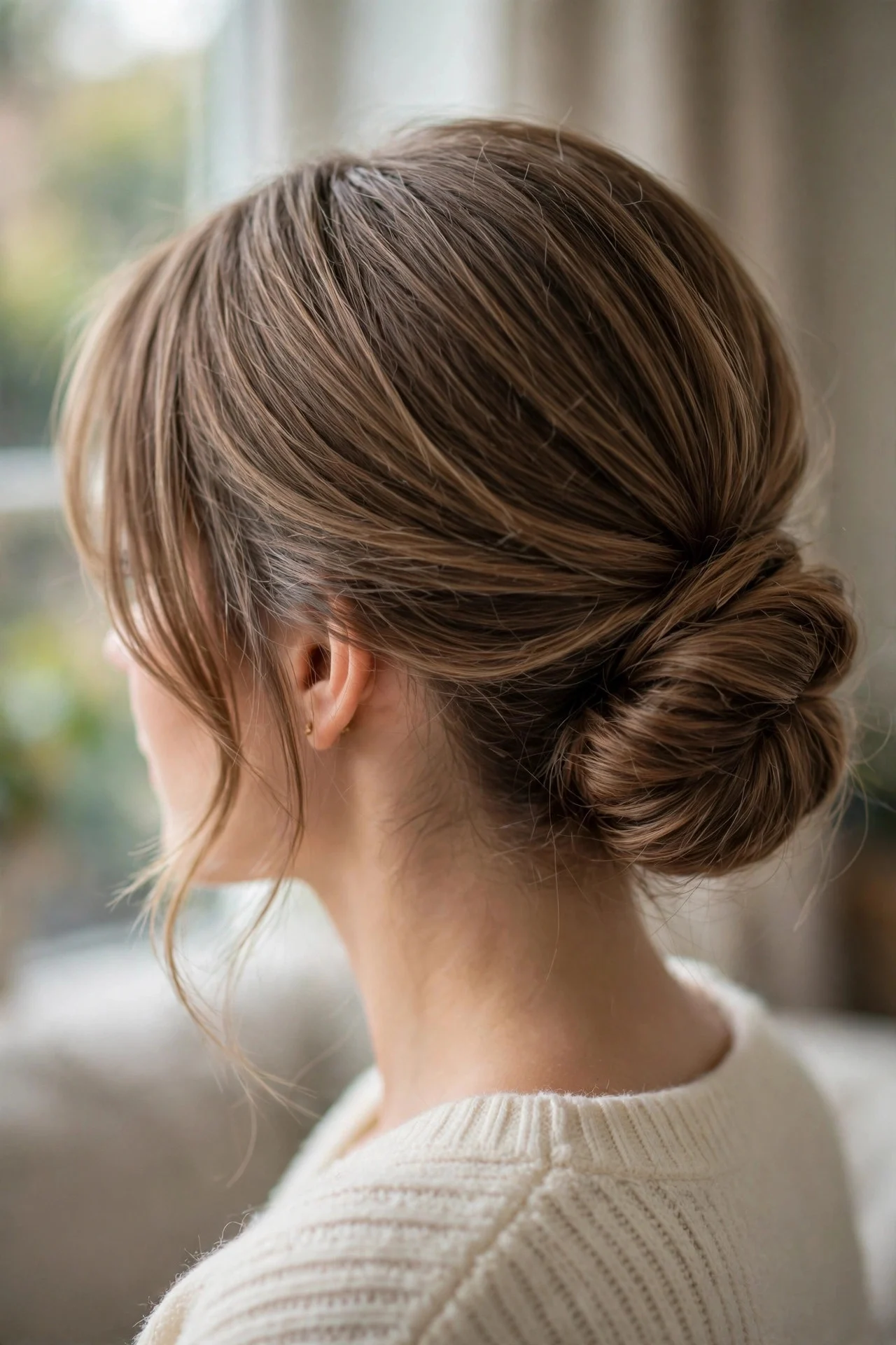 Low Chignon with Face-Framing Curtain Bangs
