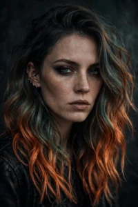 Oxidized copper hair with smoky dark roots and molten copper ends