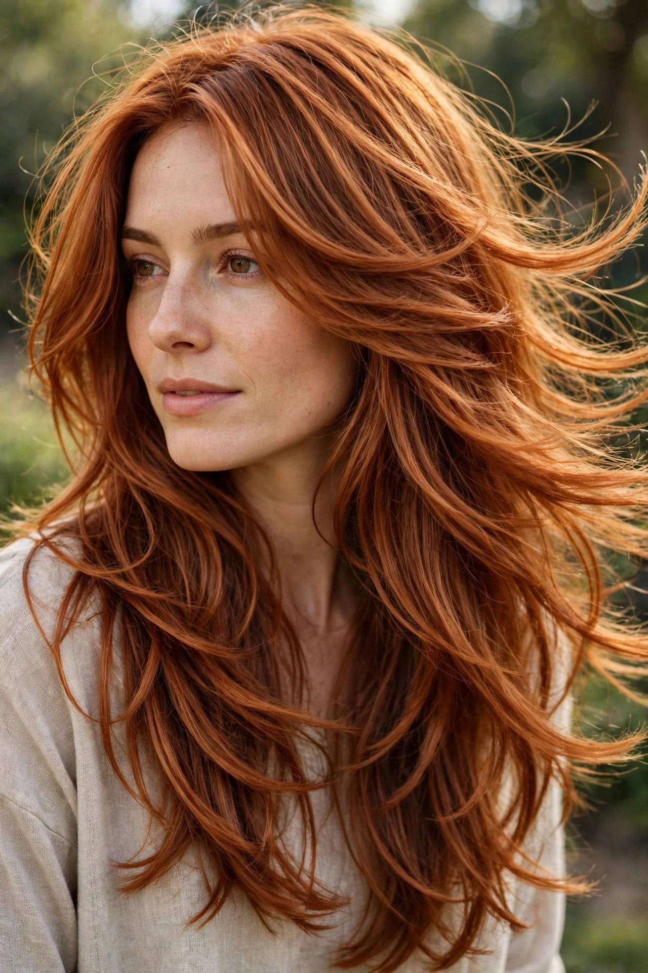 Long-Layered Copper Waves hair