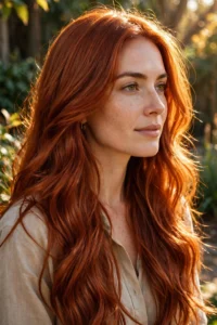 Rich copper hair dye on long glossy hair
