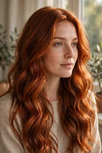Auburn copper hair color on long wavy hair