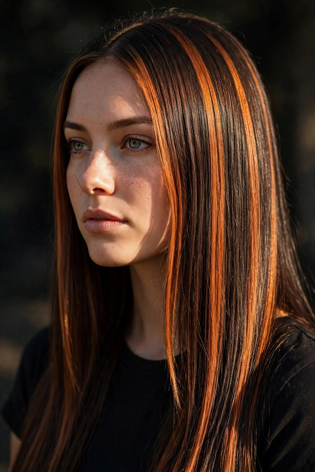 Cinnamon Ribbon Balayage on Long Straight Hair