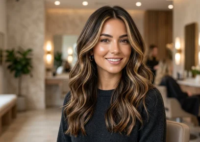 Modern chunky highlights with caramel and blonde face-framing pieces on brunette hair