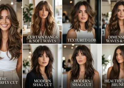 Popular hair trends including butterfly haircut, curtain bangs, and textured lob styles