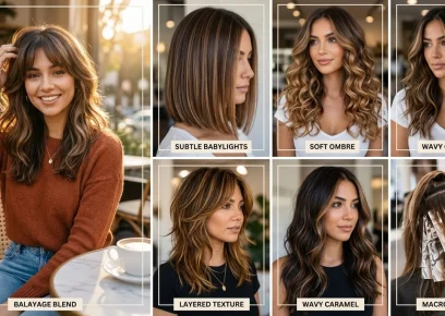 Caramel highlights hairstyles collage with warm toned hair ideas