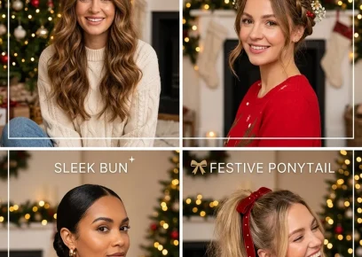 Christmas hairstyles collage with festive hair ideas for women